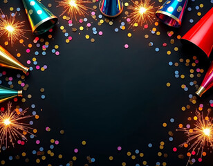 colorful party hats and confetti on a black background with sparkling sparkles on it