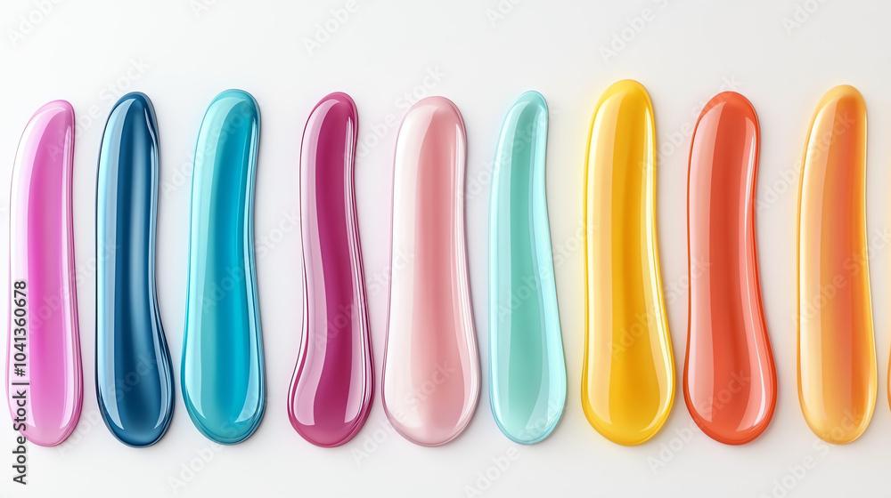 Poster a vibrant display of multicolor rainbow gradient slime shapes in smooth glossy textures for creative