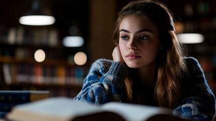 Young woman sitting at a table in a library, looking thoughtfully at an open book.