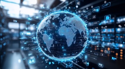 Conceptual artwork of globe surrounded digital connections showcasing a networked world driven by cloud technology ecommerce and global business connectivity