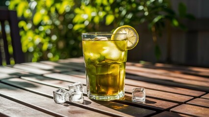 Iced Green Tea with Lemon on a Sunlit Patio Table