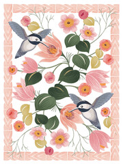 Vector illustration of flowers and little birds with frame. Picture for poster, postcard, and picture frame.	
