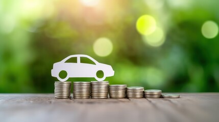 Paper cutout of coins stacked on top of a car silhouette, illustrating the cost of car ownership, savings, and financial considerations for vehicle purchase, new tech for CNG cars