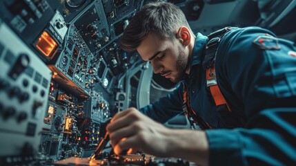 Aviation electrician installing new communication and navigation systems in a helicopter