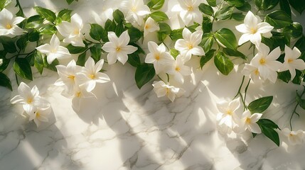 A luxurious cascading bouquet of stephanotis and ivy, draped over a marble surface, petals and leaves dewy, soft lighting casting gentle shadows, hd quality, timeless and sophisticated composition.