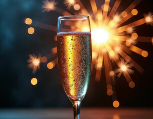 close up of a glass of champagne with fireworks explodes behind it