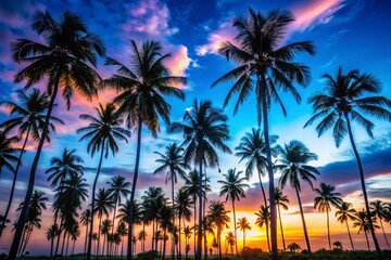 Low Light Photography of Palm Trees Against a Vibrant Blue Sky - Tropical Background with Ample Copy Space for Text Overlay and Stunning Visual Appeal