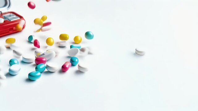A captivating scene unfolds multitude pills rain white background colorful assortment tablets reminiscent first aid kit importance medicine drug capsule pill pile dripped dropping fall