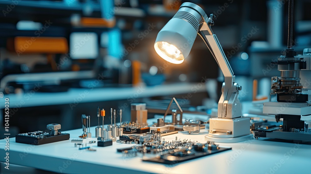 Poster workbench with electronics components and lamp lighting