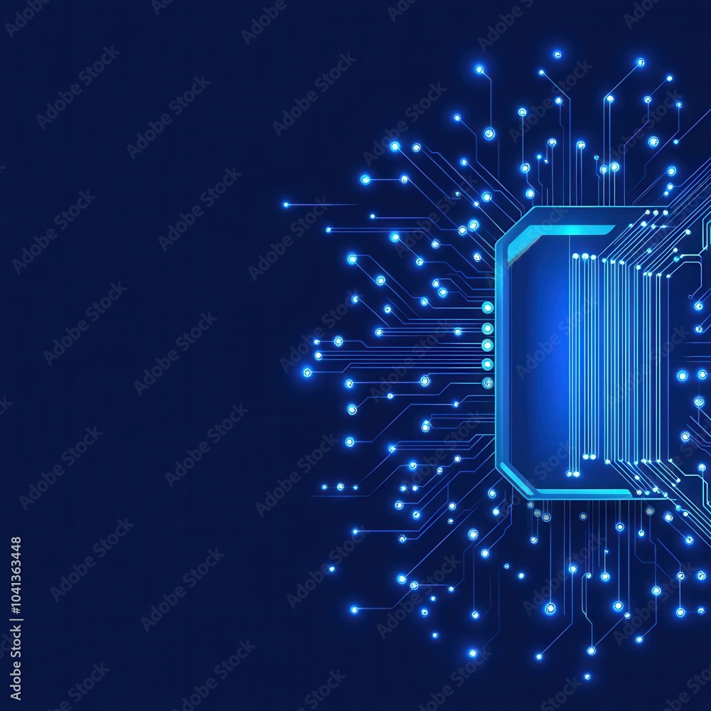 Poster a glowing blue digital circuit emanating from a central processor design against a dark background, 