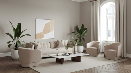 Modern living room featuring a beige sofa, two contemporary chairs, indoor plants, and a minimalist coffee table, set against a soft neutral wall and large window.