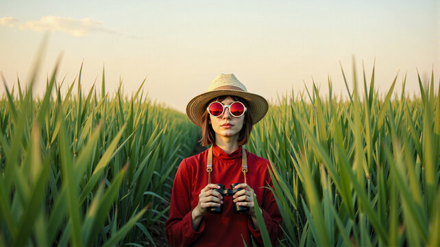  Person observing nature with binoculars in a field of tall grasses at sunset.