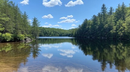 Fototapeta premium Tranquil Lake Surrounded by Lush Greenery