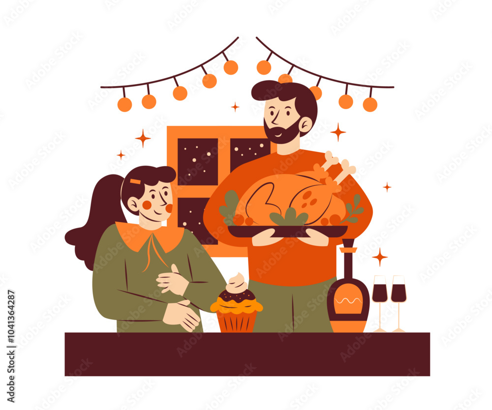 Wall mural thanksgiving concept illustration. father and daughter have dinner with turkey roast on thanksgiving