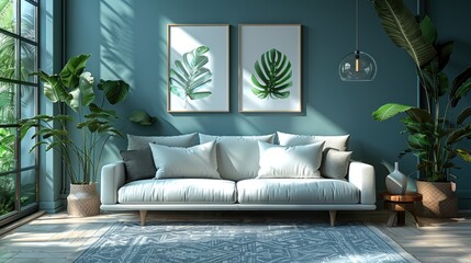 Modern living room basking in the warm morning sunlight.