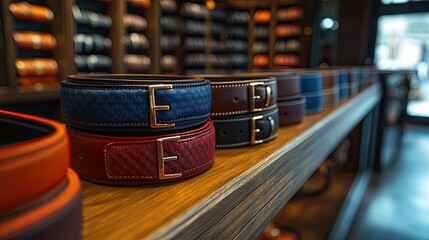 Showcase of designer belts in a fashion store