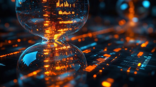 Abstract hourglass filled digital symbols of financial targets data and strategy symbolizing the urgency and timesensitive nature of setting and reaching business goals