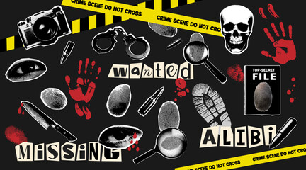 Crime scene halftone collage illustrations. Trending elements for collage crime investigation, detective. Fingerprints, magnifying glass, bullet, footprints, knife, eyes, skull, camera, crime tape