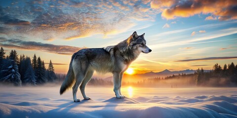Majestic Gray Wolf Gazes Over Frozen Tundra at Sunset - Double Exposure Photography of Nature's Beauty and Serenity