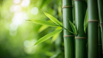 Close-up of bamboo stalks with vibrant green leaves, depicting a natural and serene environment with soft bokeh background.