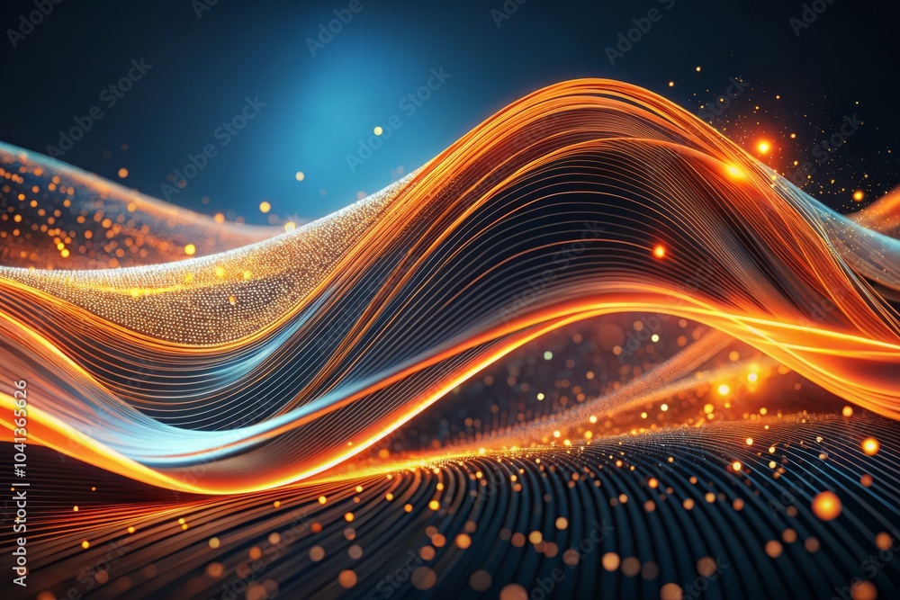 Poster minimalist abstract 3d animation of wavy curves in orange and black with blue light effect backgroun