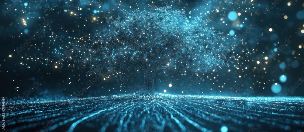 Poster a glowing blue tree with sparkling particles in a dark blue background with a glowing field of light