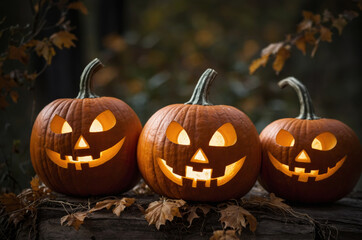 Group of Halloween pumpkins with carved faces on hay bales and wooden crates in an outdoor autumn setting.