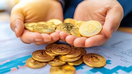 Fototapeta premium Hands holding gold coins symbolizing cryptocurrency.