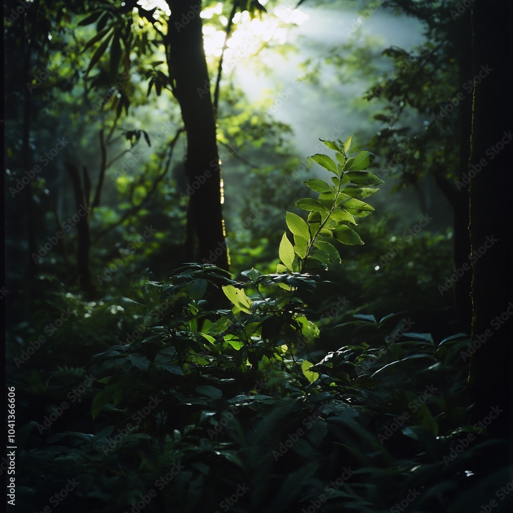 Poster sunlight filtering through trees in a dense forest, illuminating a small plant in the foreground.