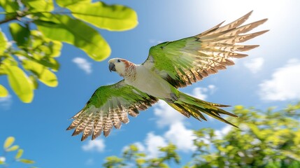 Parakeet in Flight with Wings Spread Wide