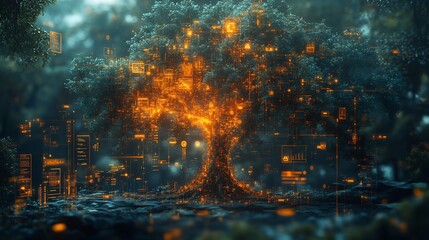 Tree branches made of digital connections and icons symbolizing the growth of innovative ideas creative business solutions and modern strategy development