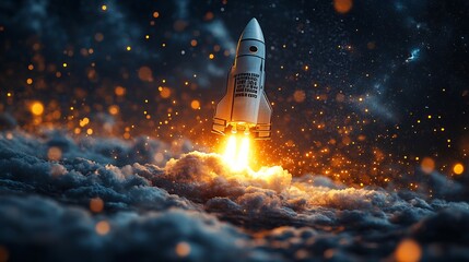 Naklejka premium Rocket taking off words like Innovation and Leadership visually representing the entrepreneurial journey from idea conception to business growth and leadership in the industry