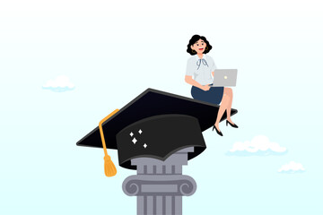 Curriculum, learning or education, student academic, study new knowledge or scholarship, learning lesson, certificate or graduated concept, smart woman learning with laptop on mortarboard pillars