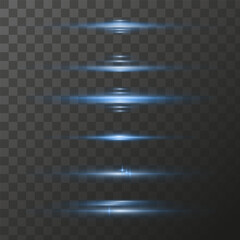 Blue horizontal light rays of blue color, Glowing particles shining glare effect, Vector neon transparent design elements.