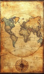 Obraz premium An antique world map with compass.