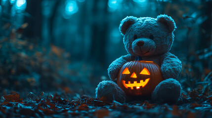 Obraz premium A plush teddy bear sitting in a dark, moody forest, holding a glowing pumpkin. The dim lighting and Halloween theme
