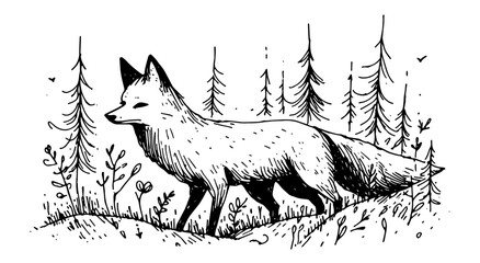 charming vector art depicting a fox amidst vibrant woodland scenery black vector