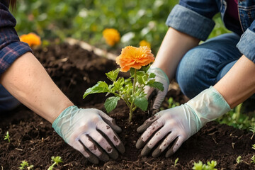 Fototapeta premium hands transplanting flowers.