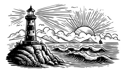 minimalist line art illustration of a lighthouse by the shore, blending simplicity with coastal elegance black vector