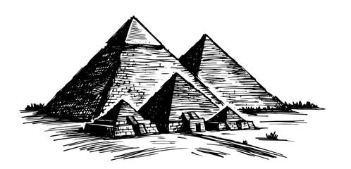 elegant line art depiction of egyptian pyramids, showcasing historical majesty in a hand-drawn style black vector