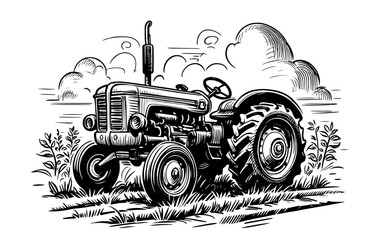 rustic hand-drawn tractor illustration, perfect for farming themes and agricultural projects with a vintage feel black vector  © Luka