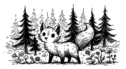 delightful hand-drawn fox character exploring a serene forest landscape black vector