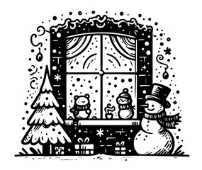 cozy christmas window scene with snowman and holiday decor – black vector