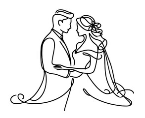 simple monoline silhouette of a wedding couple in love black vector