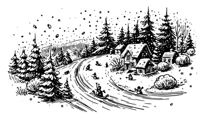 Obraz premium whimsical illustration of a snow-covered home in a magical winter landscape black vector