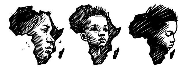 unique african map designs with human faces in black line art style © Luka