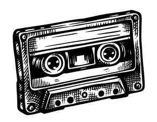 sleek and simple line art sketch of a cassette tape, highlighting timeless nostalgia in a vintage style black vector