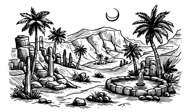 black and white desert landscape with palm trees clip art preview