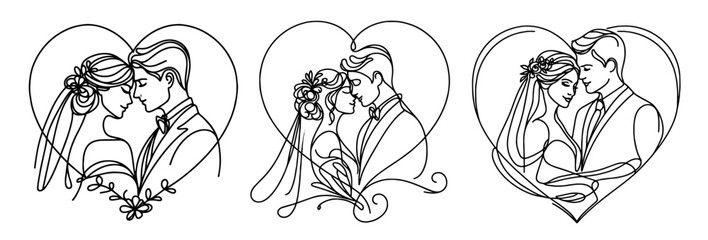 elegant monoline wedding pair in love silhouette black vector