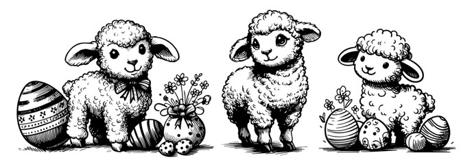 easter lamb, eggs, and basket hand-drawn line art for coloring black vector © Luka